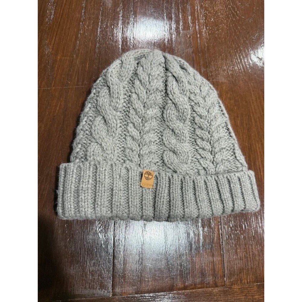 Timberland Gray Cable Knit Beanie Hat Sherpa Lined Cuffed Winter One Size